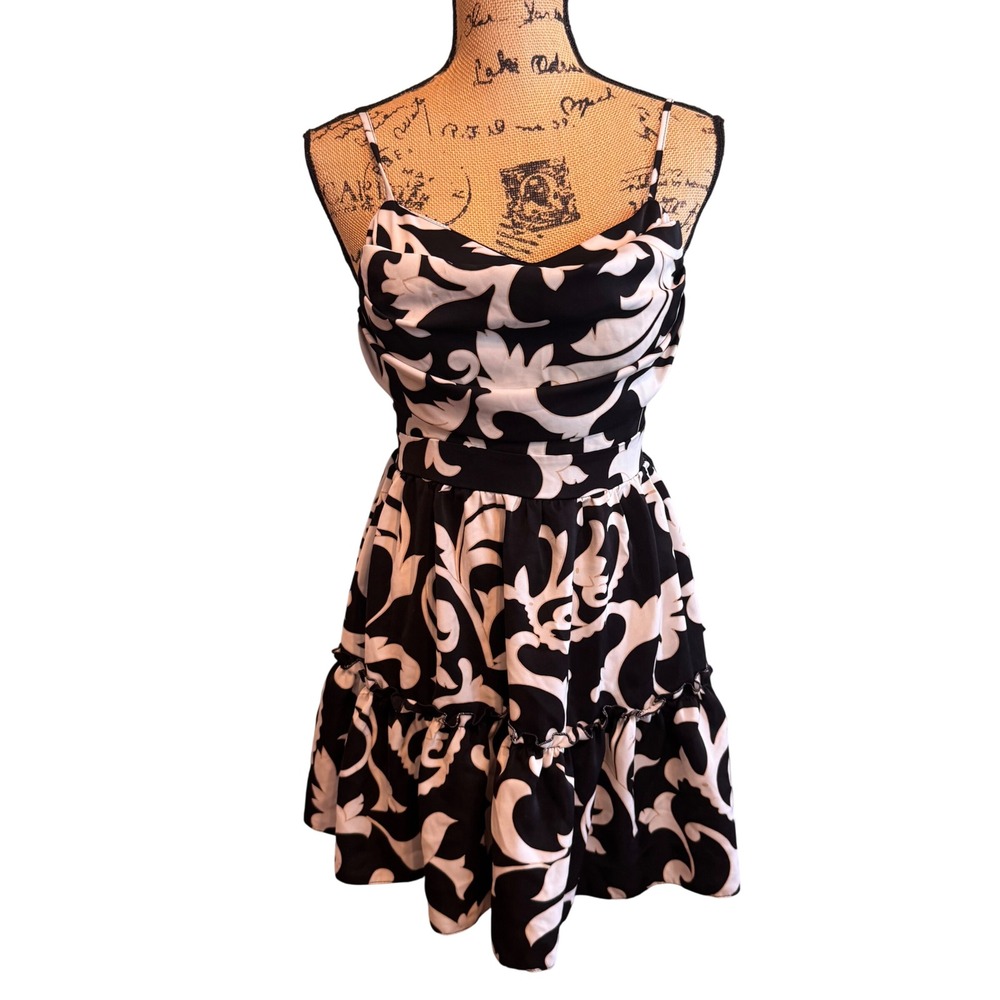 Womens Scroll Damask Cowl Neck Party Fit & Flare Mini Dress Black White Small